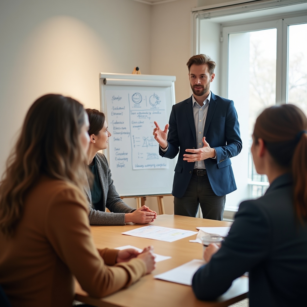 Team di piccola impresa in conversazione aperta durante facilitazione